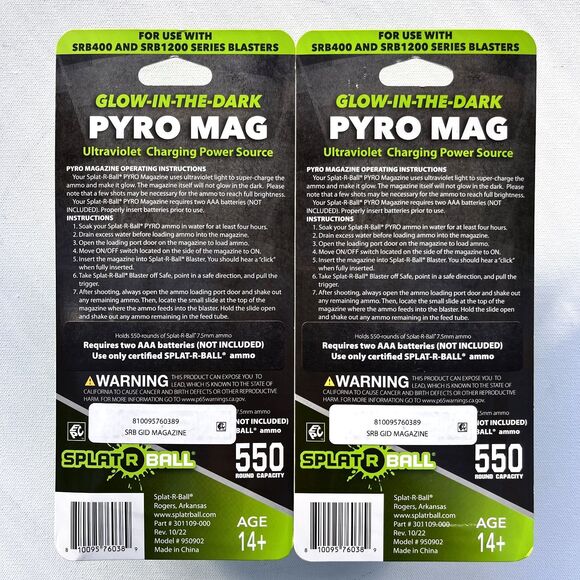SplatRBall Pyro Mag Blaster Magazine 550 Rounds UV Glow in Dark NEW-Set of 2 - Picture 4 of 4